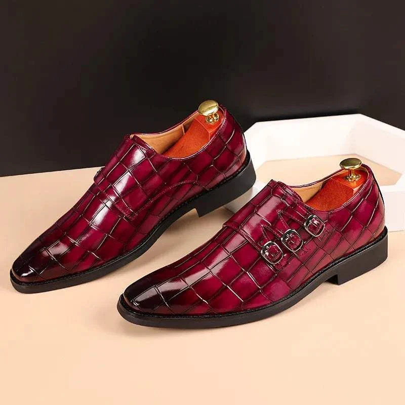 Oxford triple strip-on shoes for men with intricate perforations and cushioned insole.