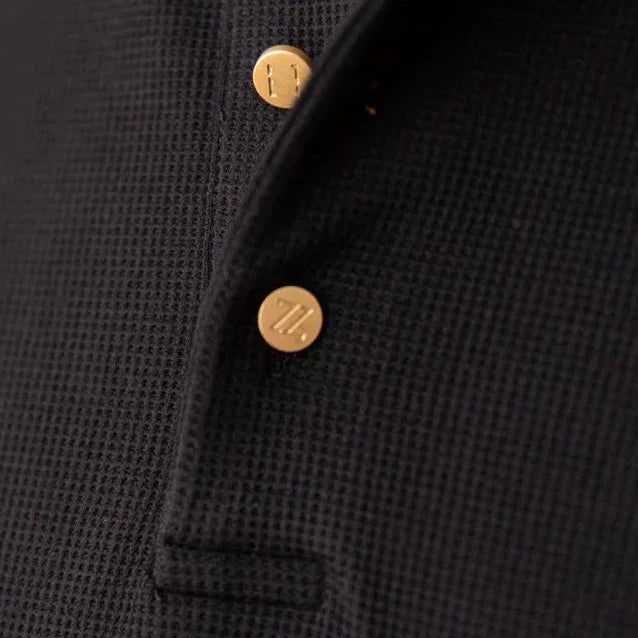 Black heavy premium sweater with gold buttons, 100% cotton fabric.