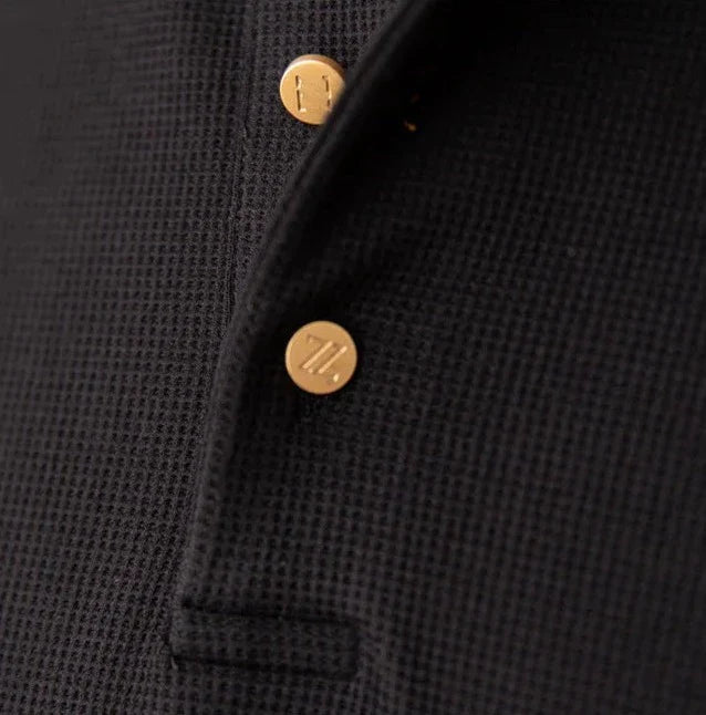 Black heavy premium sweater with gold buttons, 100% cotton fabric.