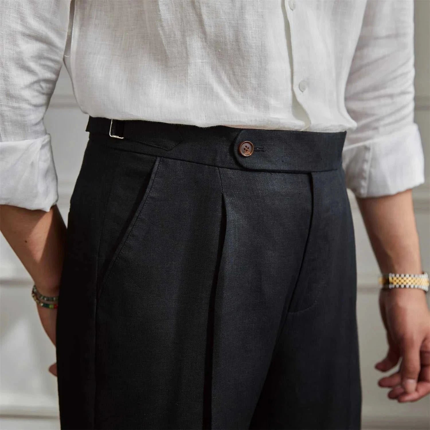 Lightweight Italian high-waist linen trousers for men in a solid pattern, stylish for casual and elegant wear.