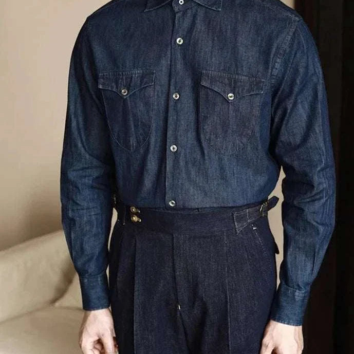 Office premium denim shirt for men in soft cotton, featuring a classic collar, solid pattern, suitable for casual and elegant outfits.