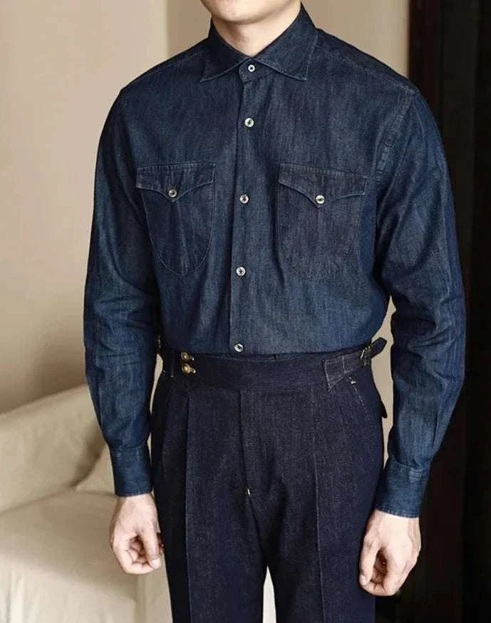Office premium denim shirt for men in soft cotton, featuring a classic collar, solid pattern, suitable for casual and elegant outfits.