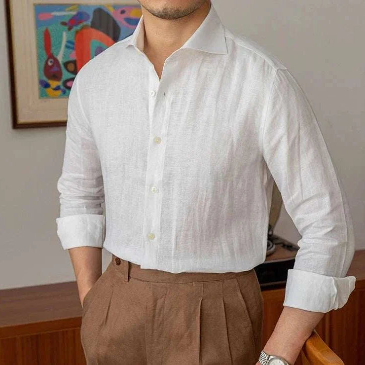 Men's lightweight linen long-sleeve shirt in white, perfect for warm weather.
