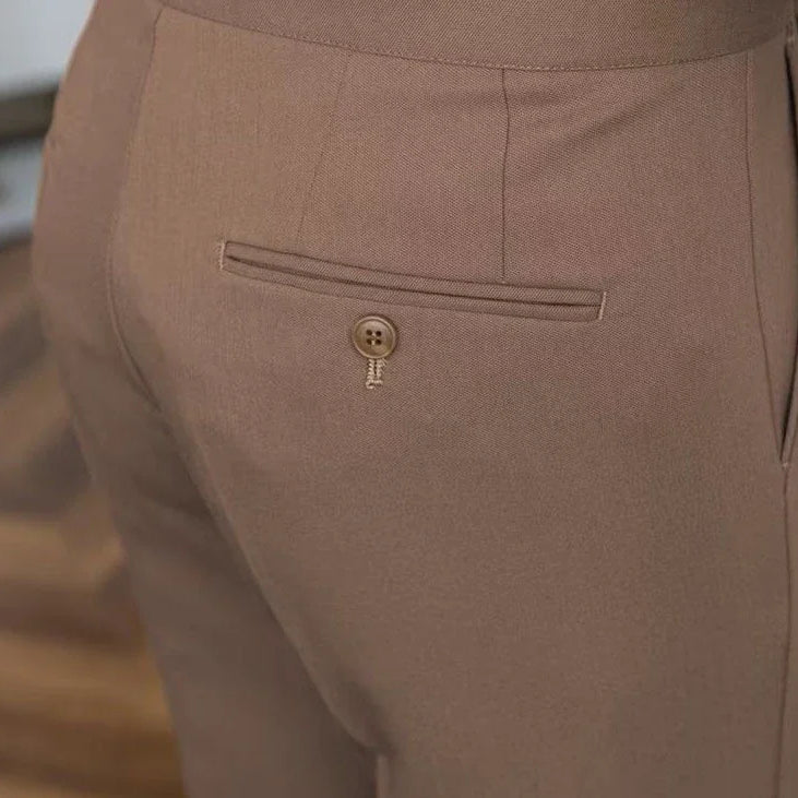 Antonios draped suit pants in beige, showcasing Korean-inspired elegance and smart casual style.