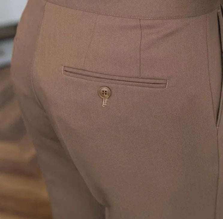 Antonios draped suit pants in beige, showcasing Korean-inspired elegance and smart casual style.