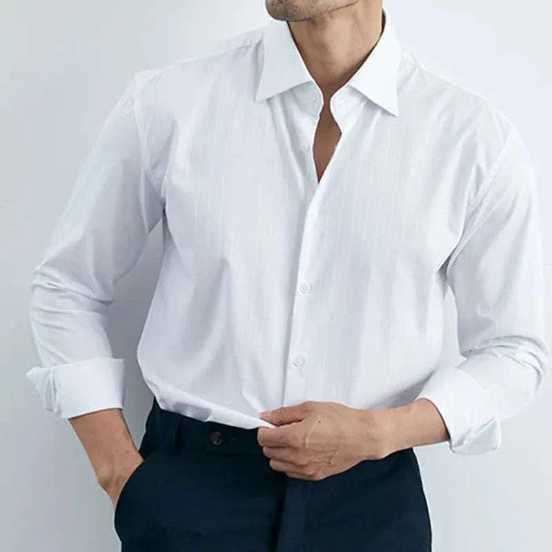 Italian design summer casual shirt, men's elegant white solid pattern, comfortable and breathable fabric.