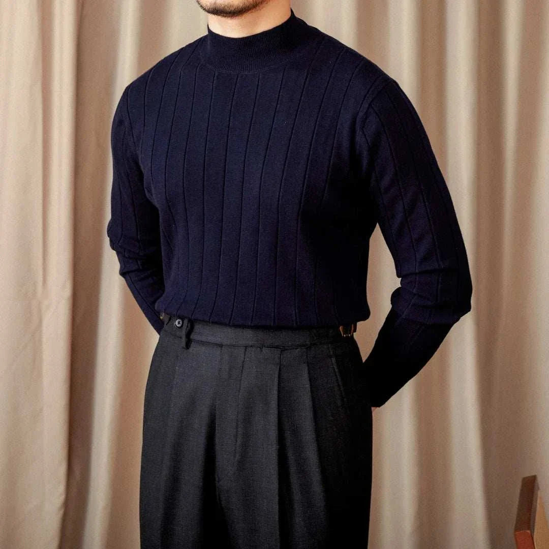 Men's autumn turtleneck premium sweater in navy blue.