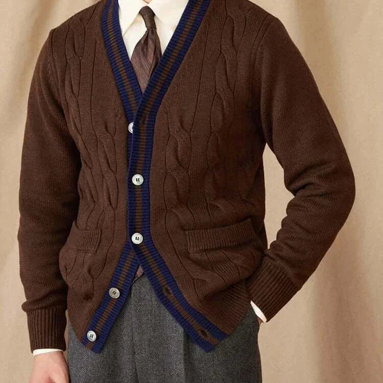 Antonios twisted knit cardigan in Italian vintage style, brown with navy detailing, worn by a man over a shirt and tie.