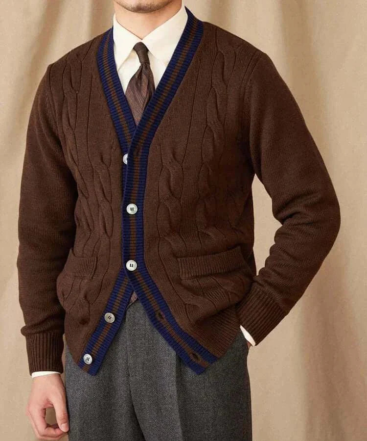 Antonios twisted knit cardigan in Italian vintage style, brown with navy detailing, worn by a man over a shirt and tie.