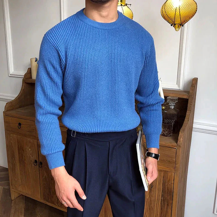 Antonios solid round neck knit sweater in blue, men's fashion, high-quality wool.