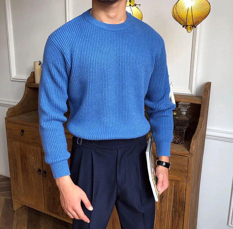 Antonios solid round neck knit sweater in blue, men's fashion, high-quality wool.