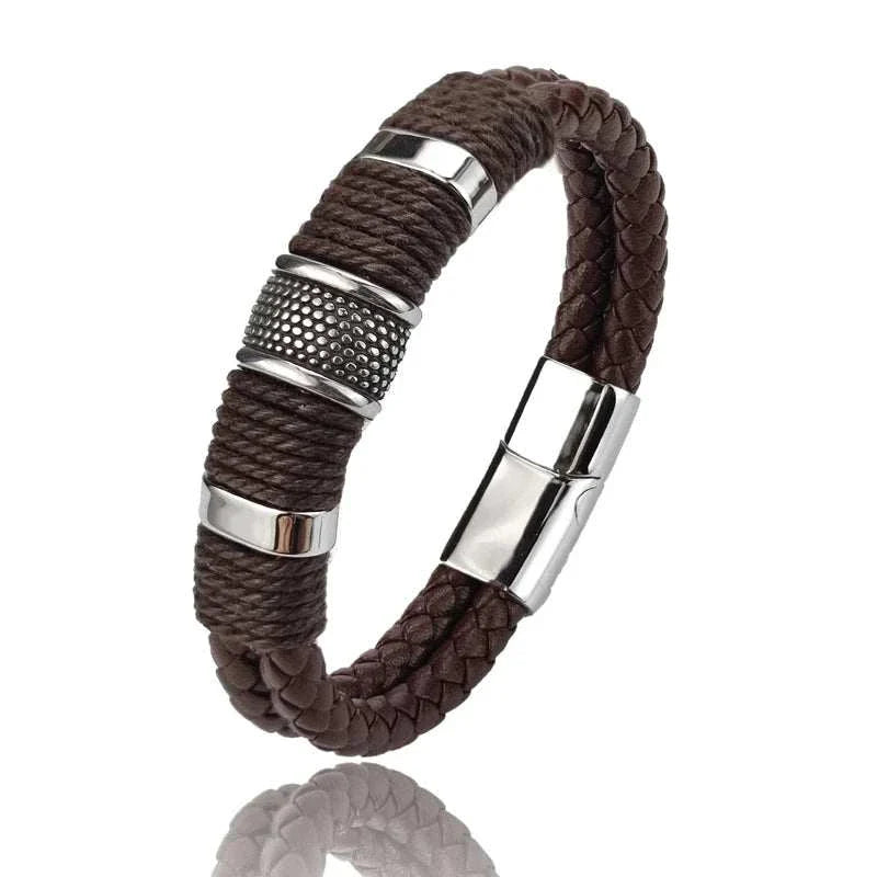Genuine leather double bracelet with stainless steel accents.