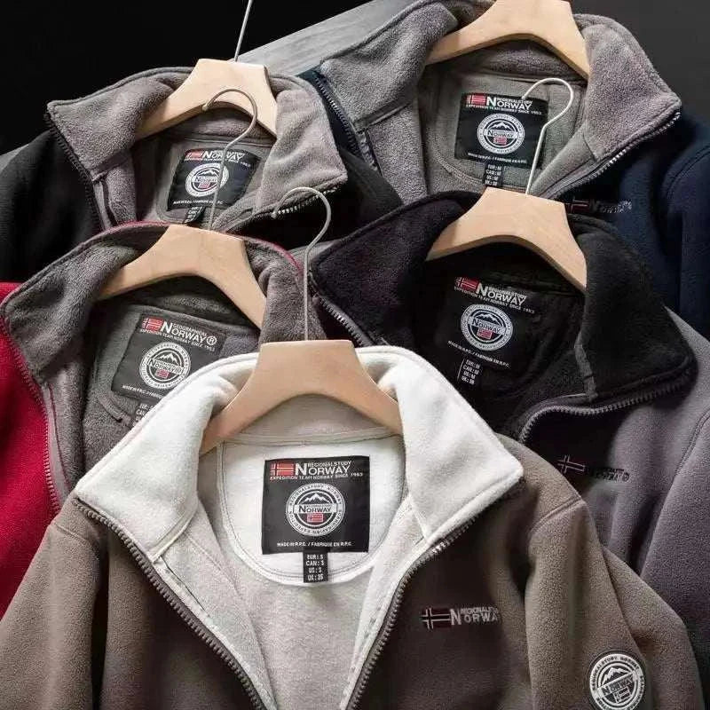 Men's Norway puffer jacket collection in various colors, including black, gray, khaki, red, and navy, showcasing warm and stylish outerwear.