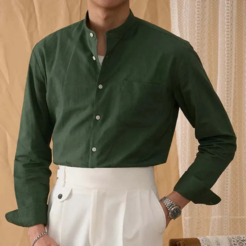 Antonios cotton-linen long sleeve shirt in green, featuring a comfortable and stylish design for men.