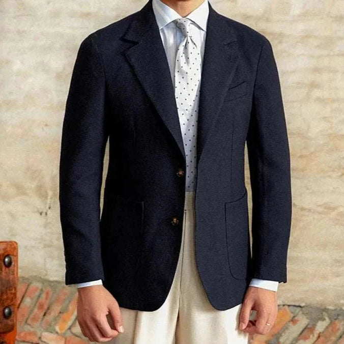 Slim fit cotton-linen blend jacket for men, stylish and breathable design.