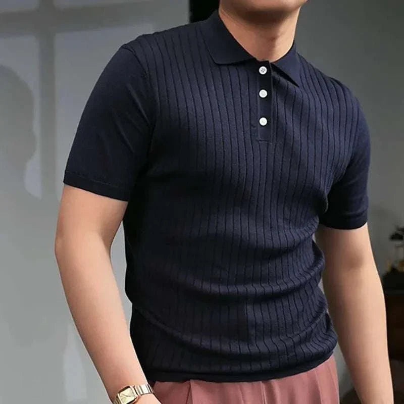 Men's British polo collar t-shirt with striped pattern, ideal for smart casual office wear.