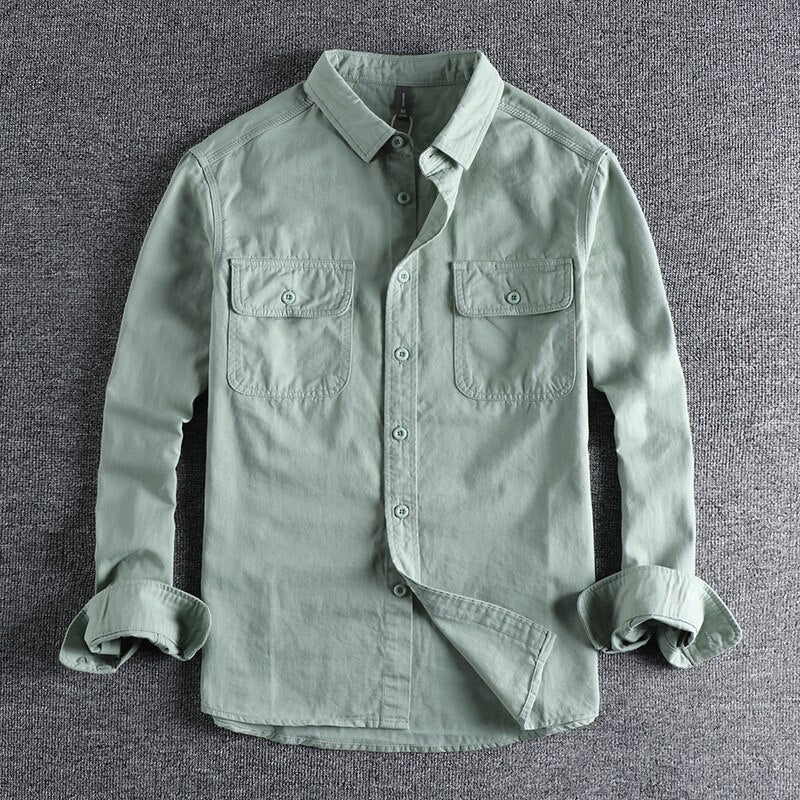 Vintage-Retro Cotton Shirt with solid pattern, breathable cotton-linen blend, casual style for men.