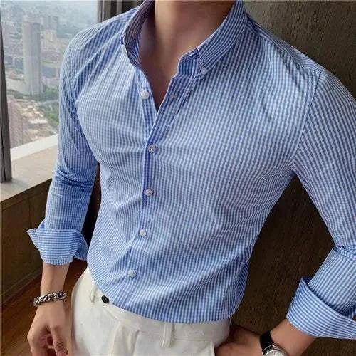 Cotton long sleeve plaid shirt for men, casual and elegant style, breathable fabric.