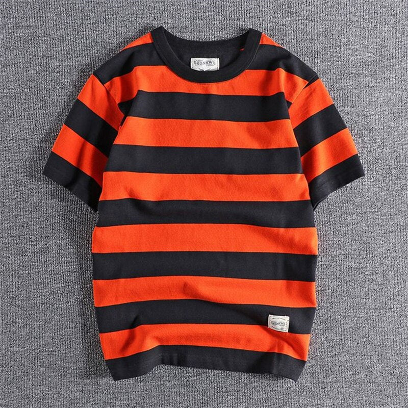 Men's summer striped t-shirt, casual and smart casual style, breathable cotton-linen blend.