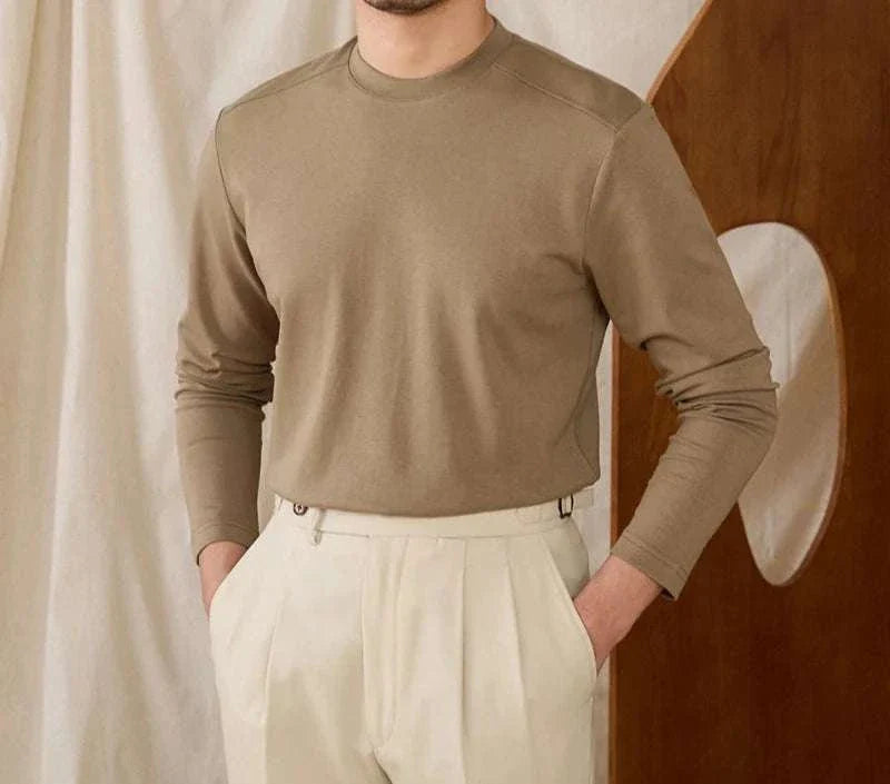 Slim fit smart casual premium sweater for men in beige, high-quality polyester blend.