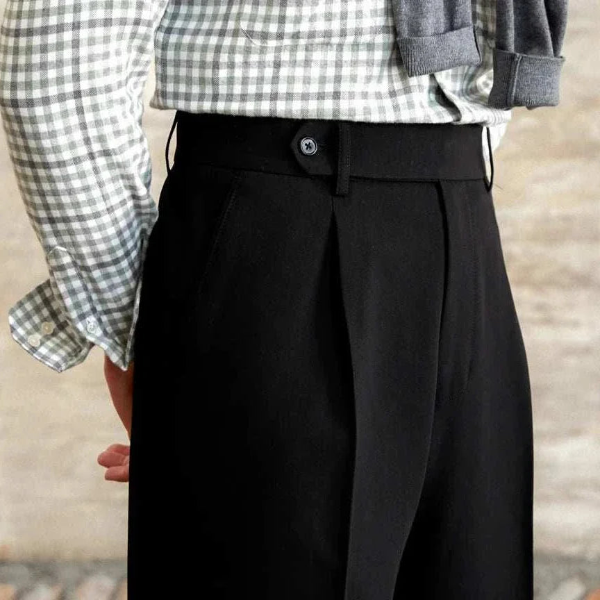 Italian straight style elegant pants in black polyester, showcasing sophisticated fashion.