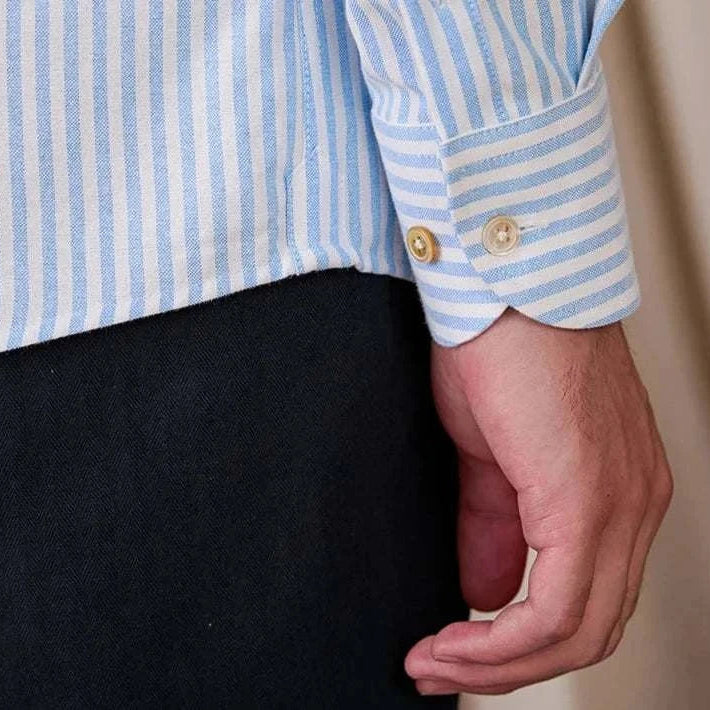 Striped Oxford style casual cotton shirt with buttoned cuff.
