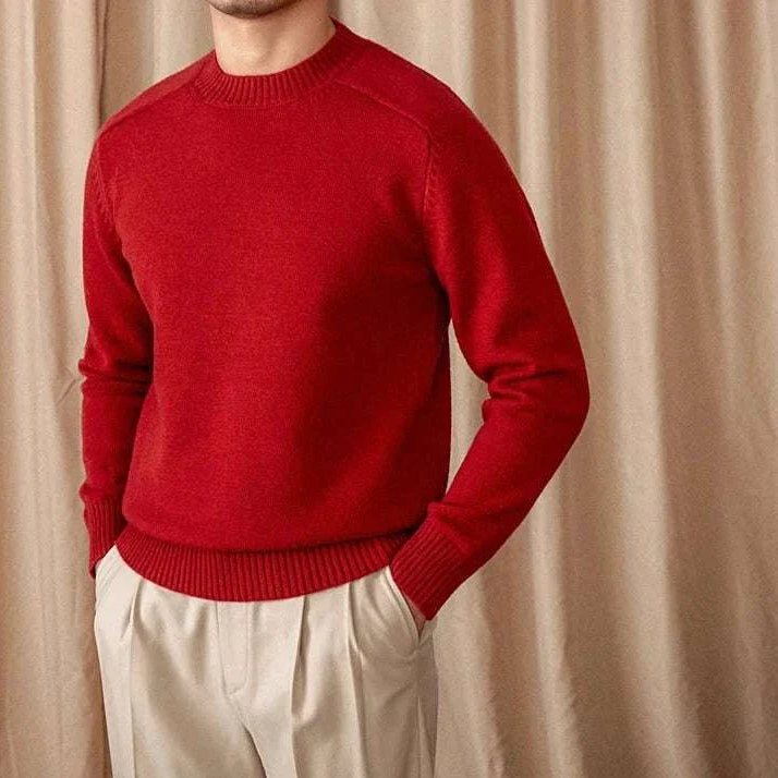 Japanese casual winter sweater in red for men, made from cotton and wool.