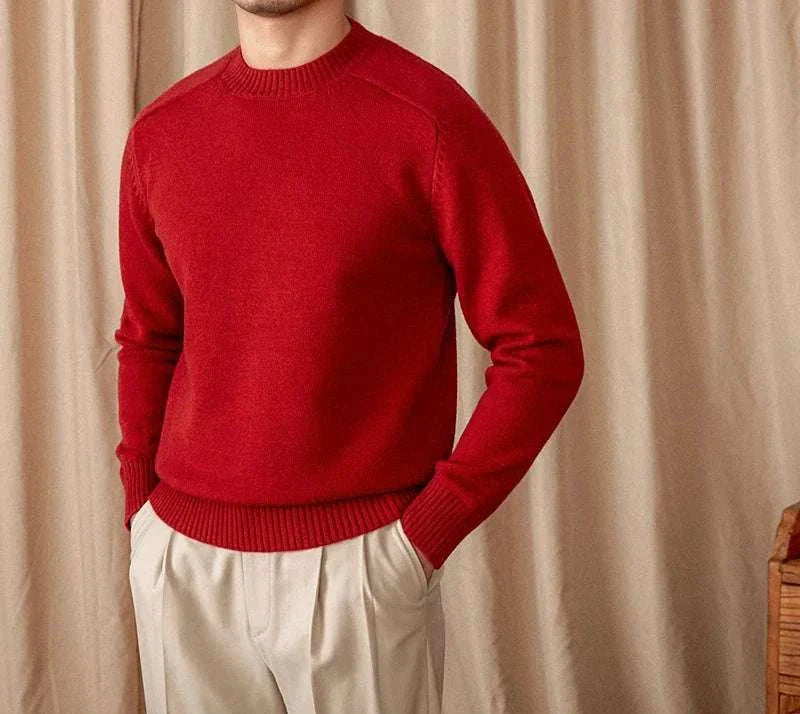 Japanese casual winter sweater in red for men, made from cotton and wool.