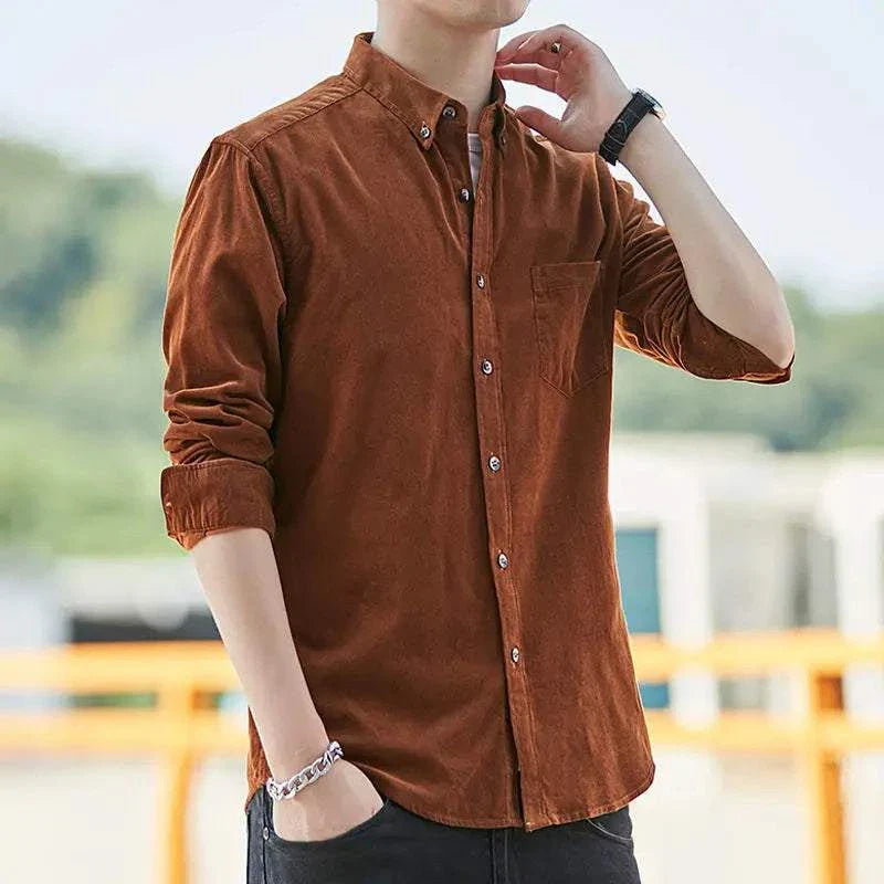Summer loose style long-sleeve shirt in brown, 100% cotton, perfect for casual or office wear.