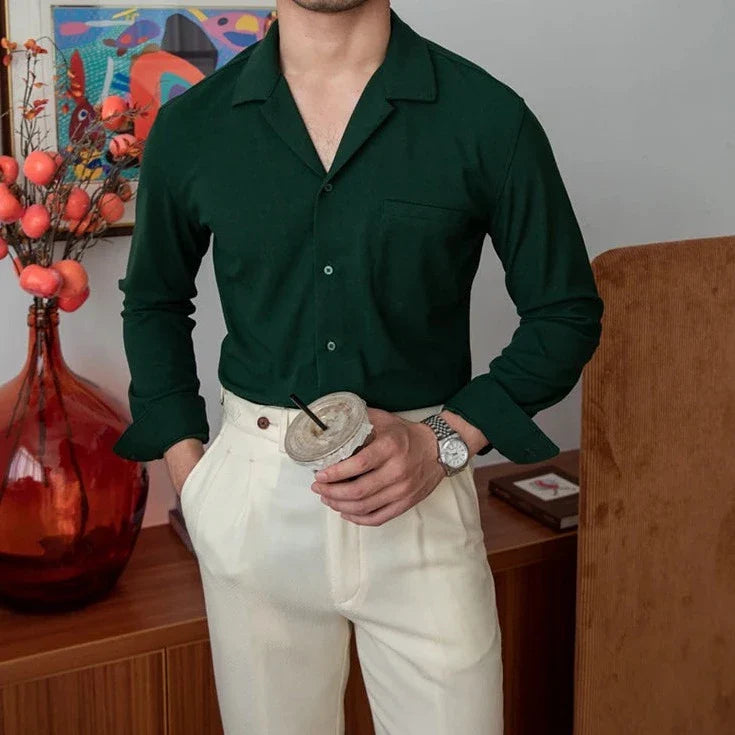 Turn-down collar shirt in dark green with long sleeves, ideal for smart casual outfits.