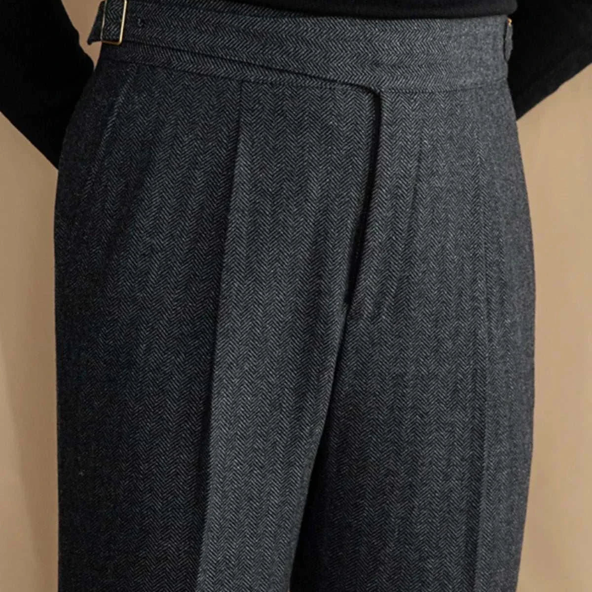 Antonios vintage wool herringbone pants in elegant dark tone.