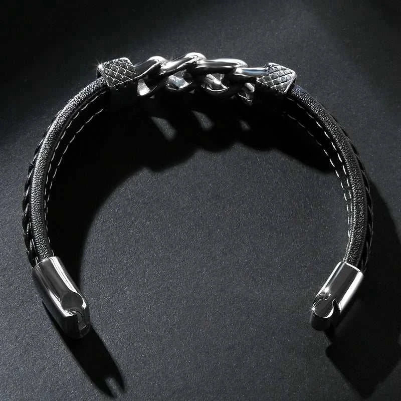 Classic chain stainless steel bracelet with PU material on dark background.