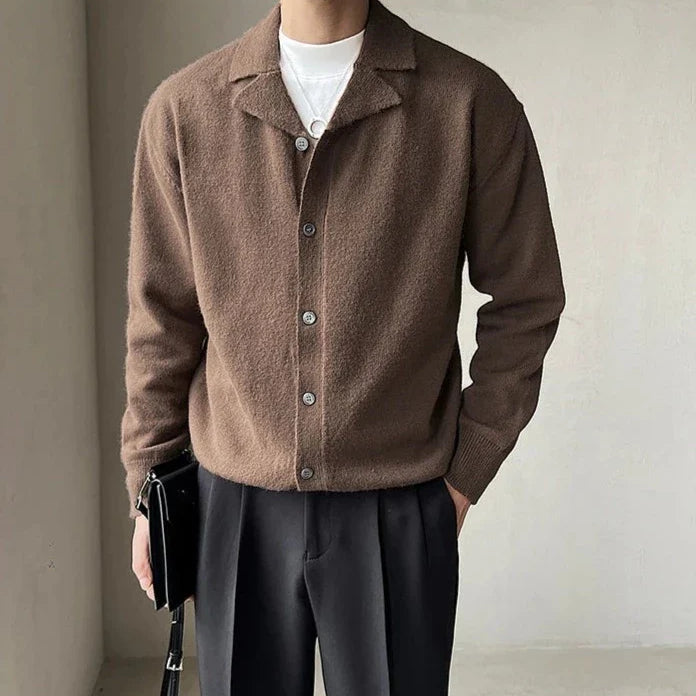Oxford fall cardigan for men in brown, casual elegant style, autumn winter wear.