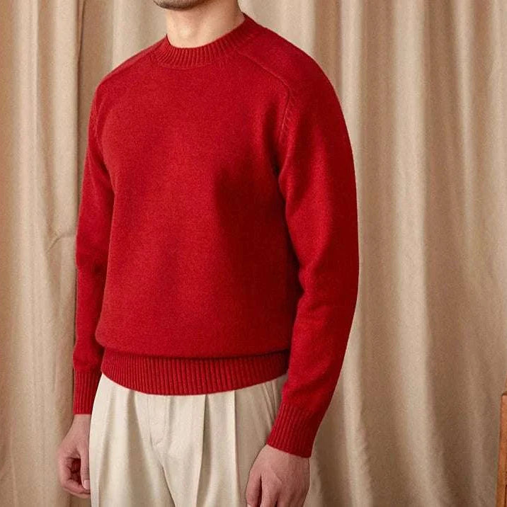 Men's Japanese casual winter sweater in red, cotton-wool blend, perfect for warmth and style.