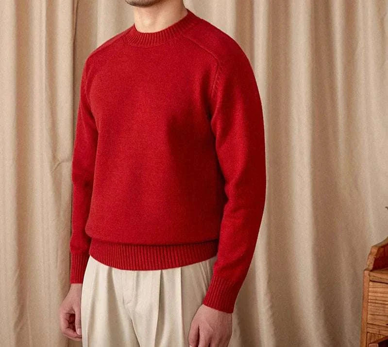 Men's Japanese casual winter sweater in red, cotton-wool blend, perfect for warmth and style.