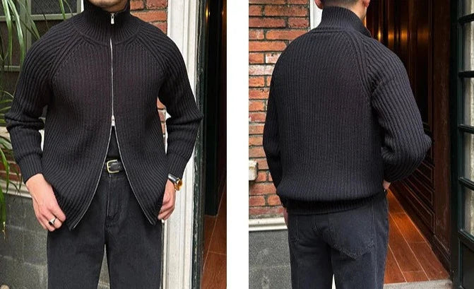 Black retro cardigan for men, ribbed design, front and back view, stylish and casual.