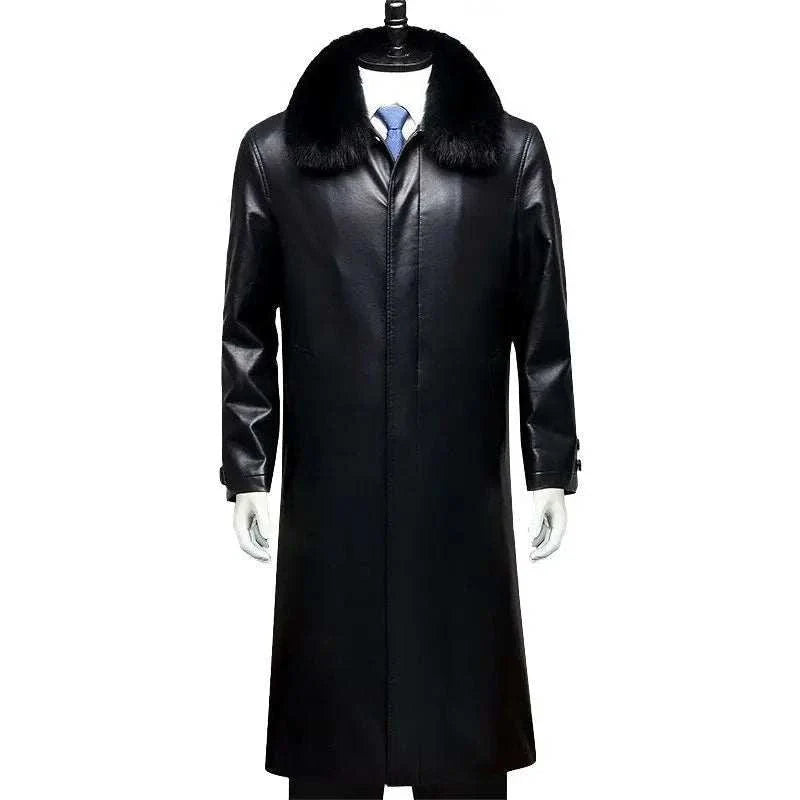 Men's PU Leather French coat with faux fur collar, perfect for autumn/winter.