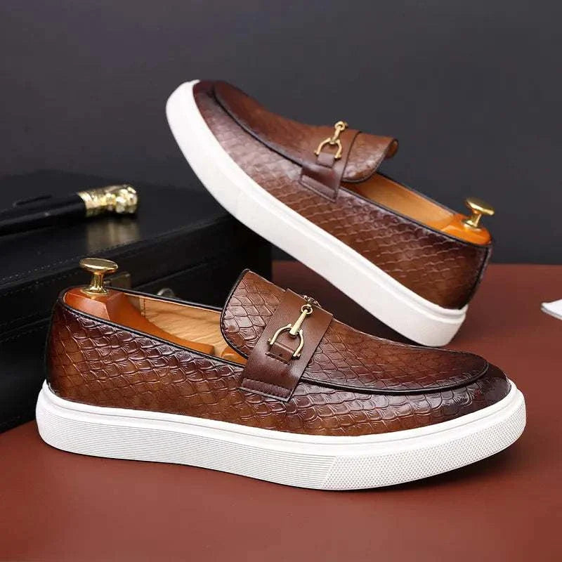 Embossed casual loafers in brown with non-slip rubber outsole for men.