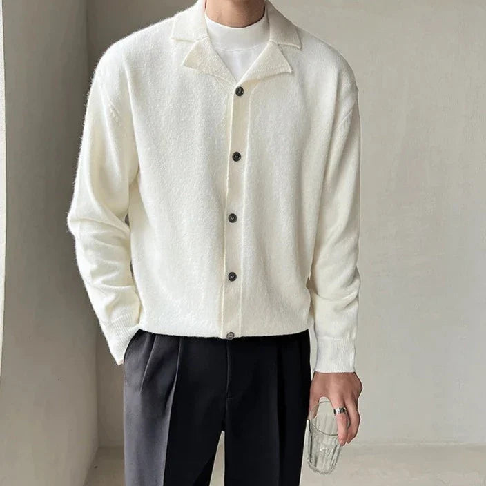 Oxford fall cardigan in white, men's casual wear, autumn/winter style.