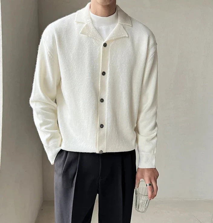 Oxford fall cardigan in white, men's casual wear, autumn/winter style.