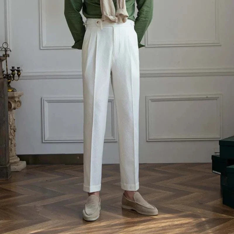 Italian design high-waist white trousers for office wear.