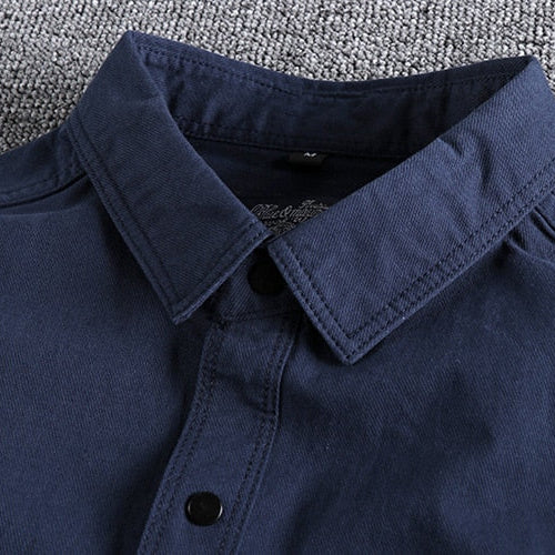 Navy vintage-retro cotton shirt with classic design and button-down collar.