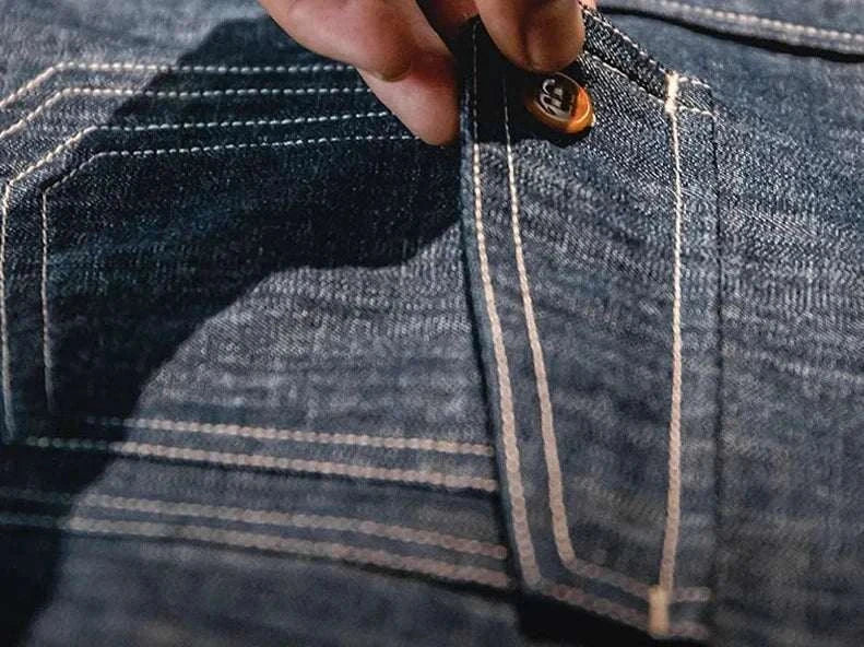 Close-up of RETRO denim solid long-sleeve shirt pocket detail.