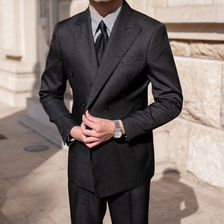 Antonios Double Breast Suit in black, featuring a sophisticated solid pattern for men's business or special events.