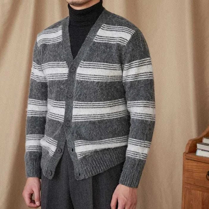 Antonios striped wool v-neck cardigan for men, winter essential.