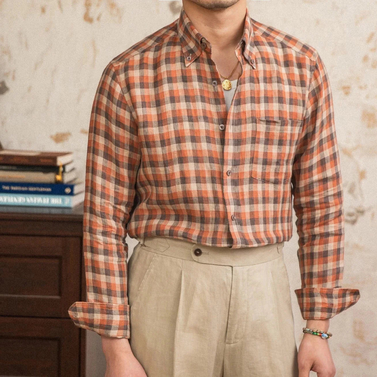 Retro American plaid long sleeve shirt for men, vintage style, comfortable linen fabric.