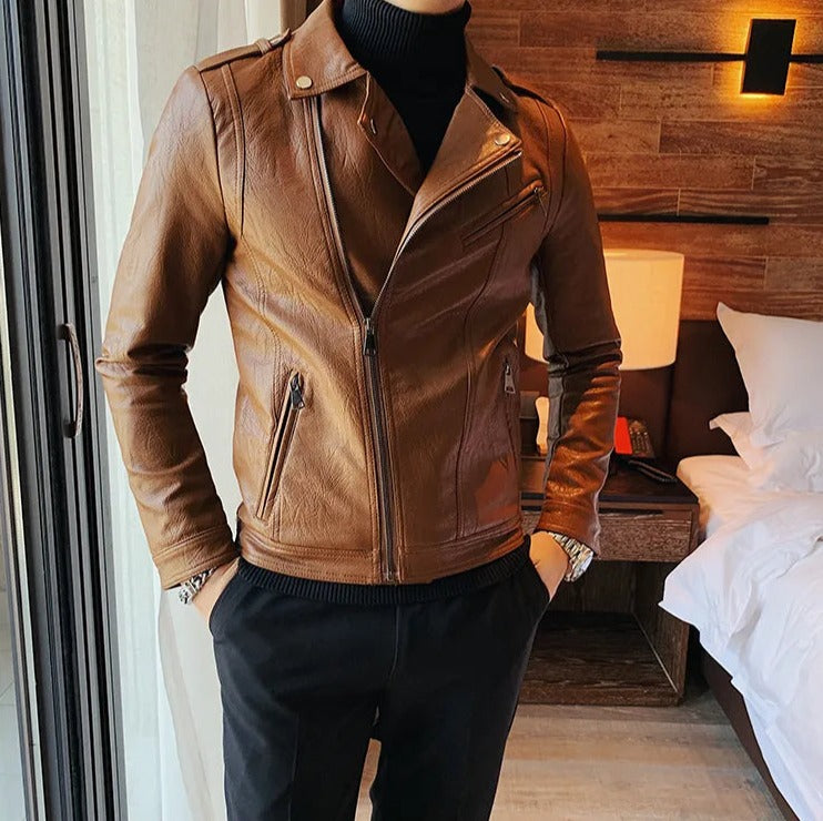 ECO leather jacket in coffee color, casual elegant style, worn by a male model indoors.