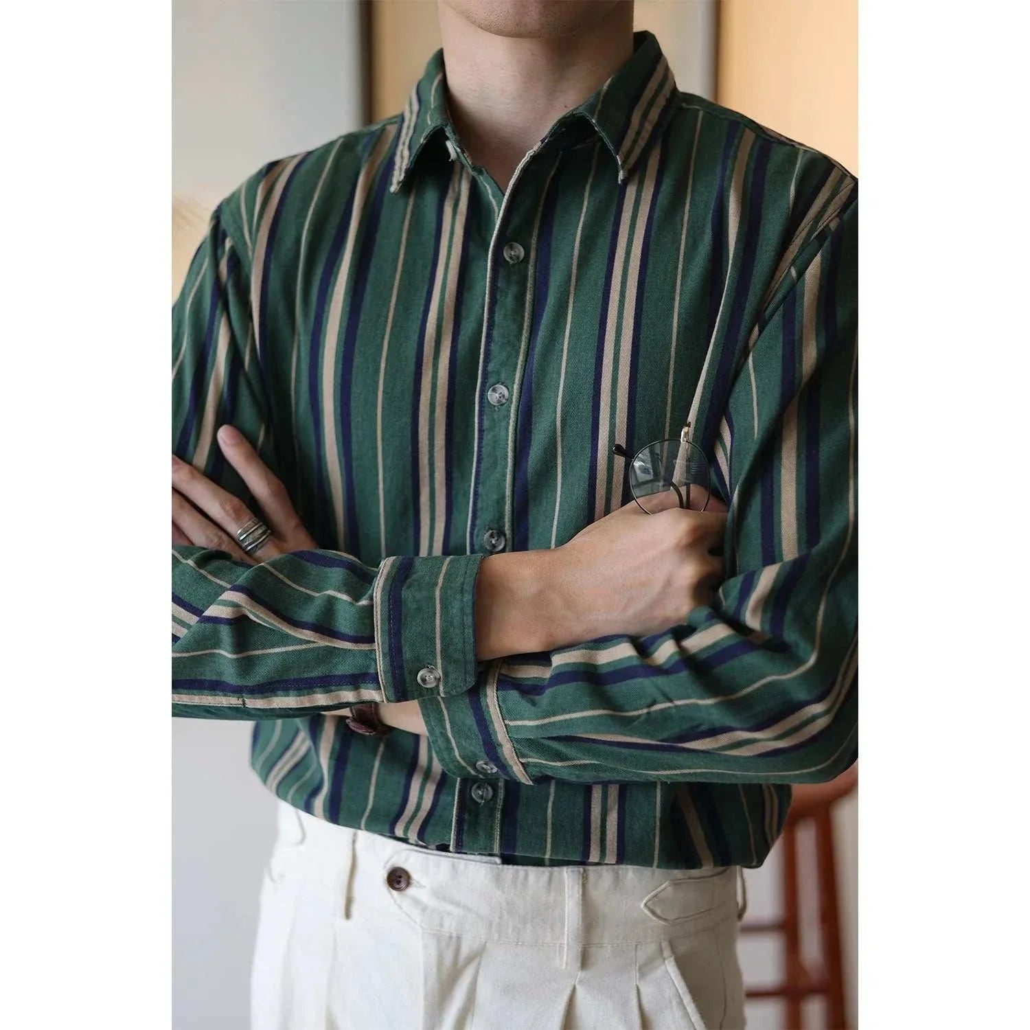 Vintage summer cotton shirt with stripes, classic collar, men's casual and elegant style.