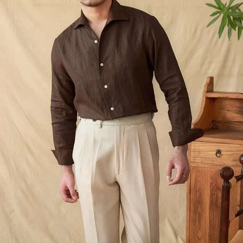 Men's long sleeve linen shirt in dark brown, perfect for casual or office wear.