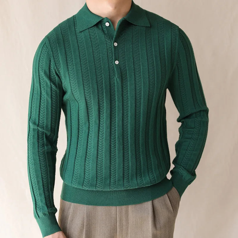 Men's green Korean premium sweater, solid pattern, elegant casual style.